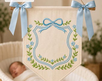 Blue Bow Monogram Embroidery Pattern Personalized Name Crest Font Custom Heirloom Baby Shower Gift Elegant Floral Crest Letter Banner