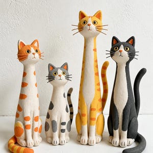May include: Four tall, slender cat figurines in a row. The first is orange and white with stripes, the second is grey and white with spots, the third is a very tall orange and white striped cat, and the fourth is a black and white cat.