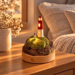 May include: A miniature lighthouse lamp with a red and white tower, illuminated by warm light, sits atop a textured, moss-covered rocky base. The entire structure is mounted on a circular, light-colored wooden pedestal featuring a small power button.