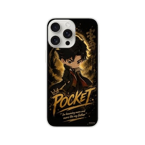 May include: A black smartphone case featuring a stylized anime character in a dark coat. The design includes the gold text POCKET, a small crown icon, and the quote "I'm becoming more and more like my father" in gold lettering against a dark background.