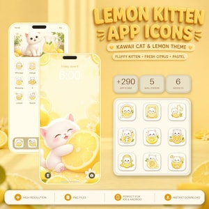 Pacchetto di icone per app Lemon Kitten 3D Kawaii Giallo Tema iOS Sfondo iPhone Android