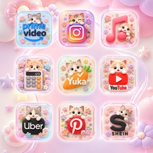 May include: A set of nine square app icons featuring cute kittens, pastel flowers, and paw prints. The icons represent Prime Video, Instagram, Music, Calculator, Yuka, YouTube, Uber, Pinterest, and Shein, all rendered in a soft, glossy, 3D style.