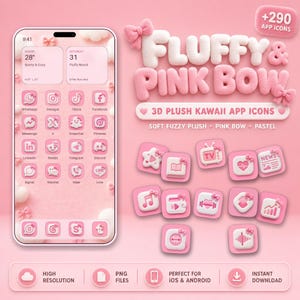 May include: A digital display of a smartphone interface featuring pink, 3D plush-textured app icons with small bow accents. The text reads Fluffy & Pink Bow, 3D Plush Kawaii App Icons, Soft Fuzzy Plush, Pink Bow, Pastel, and +290 App Icons.