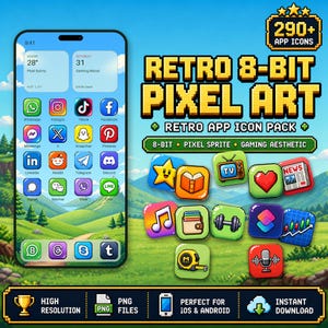May include: A digital collection of 290+ retro 8-bit pixel art app icons displayed on a smartphone screen and as individual square icons. The set features colourful graphics including a star, book, television, heart, newspaper, music note, and dumbbell.
