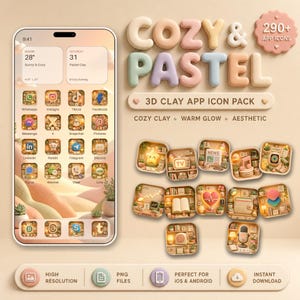 Könnte beinhalten: Ein digitales 3D-Ton-App-Icon-Paket mit einem Smartphone-Display, das pastellfarbene Widgets und Icons zeigt. Der Text lautet COZY & PASTEL 290+ APP ICONS 3D CLAY APP ICON PACK COZY CLAY WARM GLOW AESTHETIC HIGH RESOLUTION PNG FILES IOS & ANDROID INSTANT DOWNLOAD.