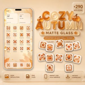 May include: A digital set of 290 Cozy Autumn matte glass app icons featuring frosted glass textures, orange and brown fall-themed graphics, and pumpkin accents. The display shows a smartphone interface with widgets and icons on a light beige background.