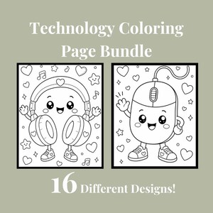 May include: A Technology Coloring Page Bundle featuring 16 different designs. The image displays two black and white line art illustrations of a smiling character wearing headphones and a computer mouse character, both surrounded by hearts and stars.