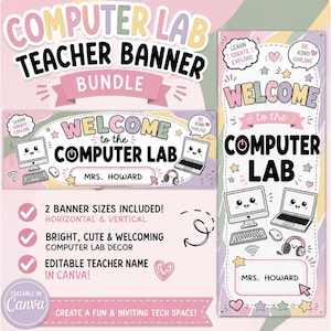 May include: A digital bundle of computer lab teacher banners in horizontal and vertical formats. The designs feature pastel colours, cartoon computers, headphones, and mice, with the text "WELCOME to the COMPUTER LAB" and "MRS. HOWARD".