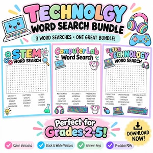 Może przedstawiać: Cyfrowy pakiet trzech arkuszy z wykreślankami zatytułowany Technology Word Search Bundle, obejmujący tematykę STEM, Computer Lab i Retro Technology. Strony zawierają kolorowe ilustracje laptopów, słuchawek i kontrolerów do gier.