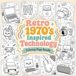 May include: A digital coloring page bundle featuring black and white line art illustrations of various technology items including a laptop, speakers, earbuds, VR headset, smartwatch, camera, game controller, printer, computer, mouse, and speaker.