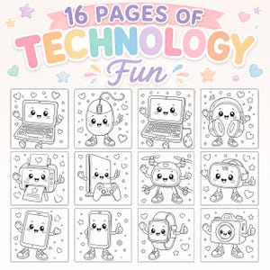May include: A coloring page titled 16 PAGES OF TECHNOLOGY FUN featuring twelve black and white line art illustrations of anthropomorphic gadgets including a laptop, computer mouse, headphones, printer, game console, drone, VR headset, tablet, phone, watch, and camera.