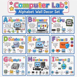 May include: A Computer Lab Alphabet Wall Decor Set featuring nine educational posters labeled A through I. Each poster displays a computer-related term, a definition, and colorful cartoon illustrations of technology with smiling faces.
