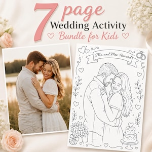May include: A 7 page wedding activity bundle for kids featuring a photograph of a couple embracing and a corresponding black and white line art coloring page illustration of the same couple with the text Mr. and Mrs. Howard.