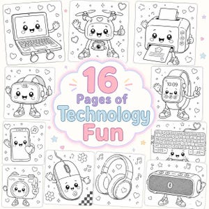 May include: A collection of 16 coloring pages featuring black and white line art of anthropomorphic technology gadgets including a laptop, drone, printer, VR headset, smartwatch, smartphone, keyboard, camera, computer mouse, headphones, and speaker.