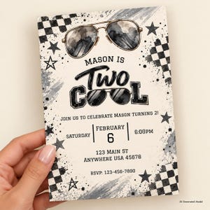 May include: A rectangular birthday invitation card featuring black and white checkered patterns, stars, and watercolor-style aviator sunglasses. The text reads: MASON IS TWO COOL, JOIN US TO CELEBRATE MASON TURNING 2, SATURDAY FEBRUARY 6, 6:00PM, 123 MAIN ST ANYWHERE USA 45678, RSVP: 123-456-7890.