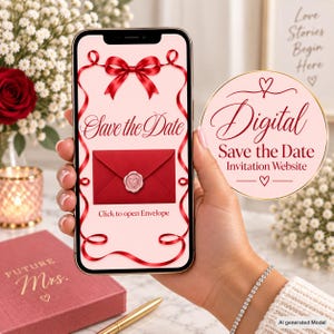 May include: A smartphone screen displaying a digital Save the Date invitation with a red envelope graphic, a wax seal, and a red ribbon border. The screen text reads Save the Date and Click to open Envelope. A circular badge reads Digital Save the Date Invitation Website.