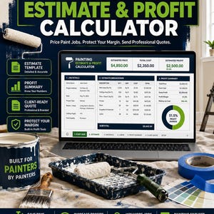 Può includere: Un software digitale per il calcolo di preventivi e profitti di tinteggiatura visualizzato su uno schermo di un portatile, circondato da un barattolo di vernice, una vaschetta con rullo, un pennello, nastro adesivo blu e una mazzetta colori.