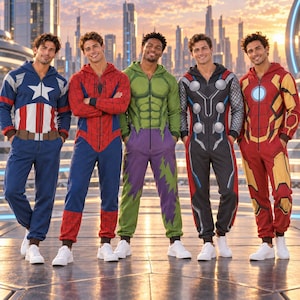 Pode incluir: Cinco macacões com capuz e designs de super-heróis. O primeiro é azul, branco e vermelho ao estilo Capitão América. O segundo é vermelho e azul ao estilo Spider-Man. O terceiro é verde e roxo ao estilo Hulk. O quarto é cinzento e preto ao estilo Thor. O quinto é vermelho e dourado ao estilo Iron Man.