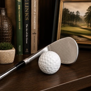 May include: A white golf ball with a dimpled surface sits next to a silver metal golf club wedge. The club features a textured face with horizontal grooves and a smooth metallic finish, positioned on a dark brown surface near a collection of books.