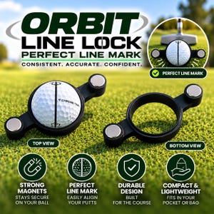May include: A black Orbit Line Lock golf ball alignment tool featuring a circular frame with two magnetic side arms. The device is shown in top and bottom views, with a white golf ball marked by a black line, and includes text labels like Perfect Line Mark, Strong Magnets, and Durable Design.