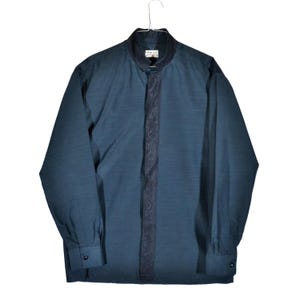 Men’s Swinging 1960s Mandarin Collar, Guru, Nehru type shirt, Navy Blue & Black lace trim. Shiny fabric / Mod, Sixties, Psych, Garage Punk