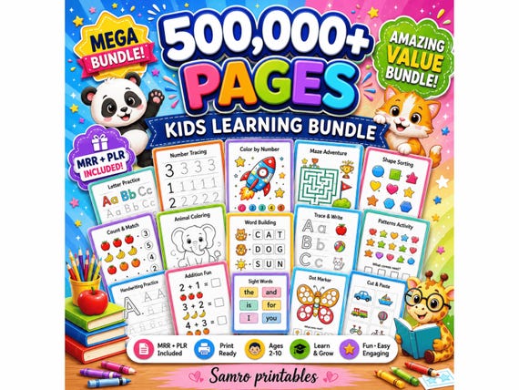 500,000+ Kids Learning Bundle | Educational Worksheets, Coloring Book Pages (PLR MRR)