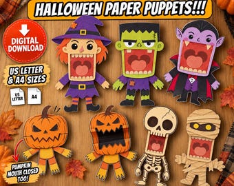 Op de afbeelding: Een set Halloween-papieren poppen met een heks, het monster van Frankenstein, een vampier, twee pompoenen, een skelet en een mummie. De afbeelding bevat de tekst HALLOWEEN PAPER PUPPETS!!!, DIGITAL DOWNLOAD, US LETTER & A4 SIZES.