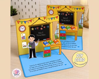 Op de afbeelding: Een pop-up wenskaart met een klaslokaal, een leraar, een bureau en een schoolbord met de tekst BEST TEACHER. De kaart bevat kleurrijke vlaggetjes, een klok en gedrukte tekst. Een ronde badge bevat de tekst DIY CARD.