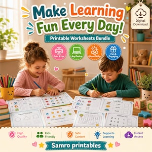Kids using printable learning worksheets at home, including counting, coloring, alphabet practice, word matching, shape tracing, patterns, mazes and addition activities, showing a fun hands-on homeschool learning experience.