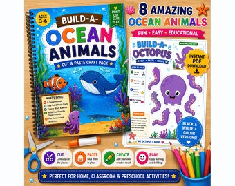 Op de afbeelding: Een spiraalgebonden knutselboek getiteld Build-A-Ocean Animals met kleurrijke illustraties van een walvis en een anemoonvis. Daarnaast toont een pagina instructies om een octopus te bouwen met uit te knippen onderdelen.