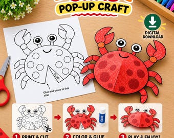 Op de afbeelding: Een digitale krab pop-up knutselset met een zwart-wit sjabloon inclusief lijmstrook, een ingekleurde rode krab en drie instructiestappen voor printen en knippen, kleuren en lijmen, en spelen en genieten van het eindresultaat.