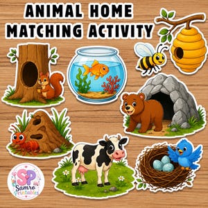 Puede incluir: Una actividad de emparejamiento de animales con sus hogares que incluye ilustraciones de dibujos animados de ardilla, pez, abeja, hormiga, oso, vaca y pájaro en sus hábitats, con el texto ANIMAL HOME MATCHING ACTIVITY.