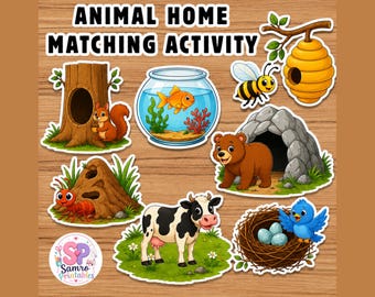 Op de afbeelding: Een dierenhuisjes-zoekspel met cartoonillustraties van een eekhoorn, goudvis, bij, mier, beer, koe en blauwe vogel in hun natuurlijke omgeving, inclusief de tekst ANIMAL HOME MATCHING ACTIVITY.