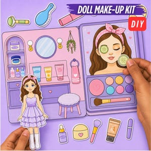 Pode incluir: Um kit de maquilhagem DIY para bonecas com uma boneca de papel em vestido roxo, uma estação de toucador com prateleiras, espelhos e produtos de beleza, e uma ilustração de rosto com fatias de pepino e vários acessórios cosméticos.