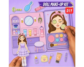Op de afbeelding: Een DIY-poppenmake-upkit met een papieren pop in een paarse jurk, een kaptafel met planken, spiegels en schoonheidsproducten, en een gezichtsillustratie met komkommerschijfjes en diverse cosmetische accessoires in stickerstijl.