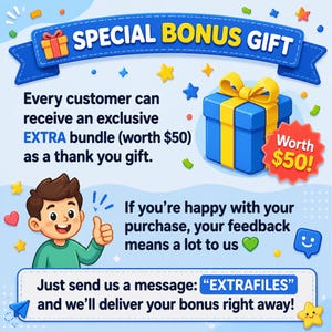 Special bonus gift for kids printable bundle customers, featuring an extra educational resource bundle worth $50, with a thank-you message and bonus file delivery instructions from Samro Printables.