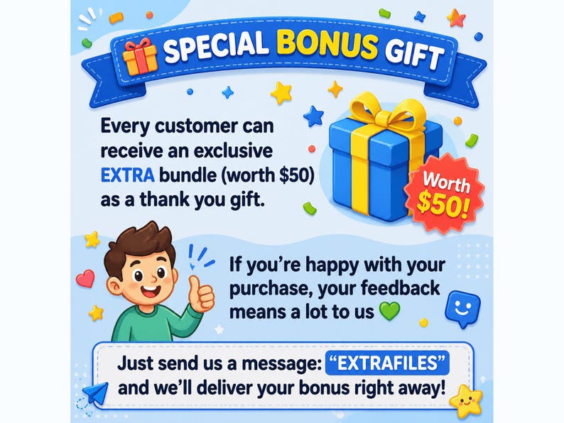 Special bonus gift for kids printable bundle customers, featuring an extra educational resource bundle worth $50, with a thank-you message and bonus file delivery instructions from Samro Printables.