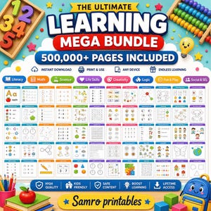 500,000+ pages kids learning mega bundle with printable worksheets covering literacy, math, science, life skills, creativity, logic, social skills and fun activities, designed for preschool and early learners by Samro Printables.