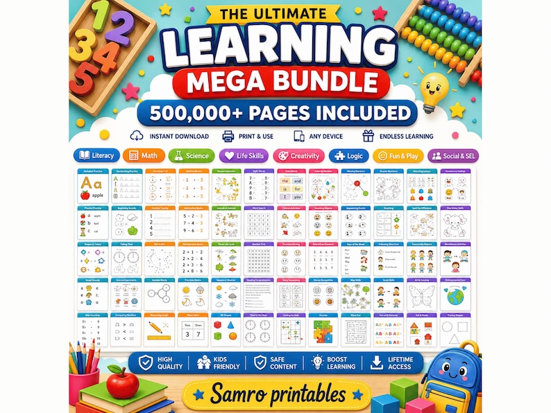 500,000+ pages kids learning mega bundle with printable worksheets covering literacy, math, science, life skills, creativity, logic, social skills and fun activities, designed for preschool and early learners by Samro Printables.