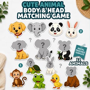 May include: A digital printable matching game featuring illustrations of 12 animals including a dog, elephant, panda, rabbit, monkey, turtle, frog, duck, and bear. The set includes separate heads and bodies with question marks on the bodies.