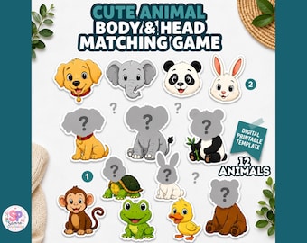 Op de afbeelding: Een digitaal printbaar koppelspel met illustraties van 12 dieren, waaronder een hond, olifant, panda, konijn, aap, schildpad, kikker, eend en beer. De set bevat losse koppen en lichamen met vraagtekens op de lichamen.