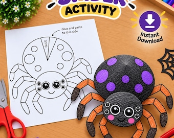 Op de afbeelding: Een printbaar spinnenactiviteitenblad met een zwart-wit lijntekening van een spin met de tekst Glue and paste to this side en GLUE, naast een afgewerkte 3D-papieren spin met een zwart lichaam, paarse stippen en oranje poten.