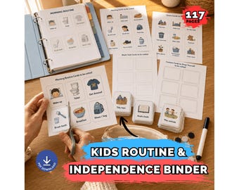 Op de afbeelding: Een routine- en zelfstandigheidsmap voor kinderen met 117 pagina's aan printbare taakkaarten. De set bevat een lichtblauwe map, vellen met geïllustreerde ochtend- en klusjeskaarten, lege taakkaarten en kaarten om zelf op te tekenen, plus een schaar.