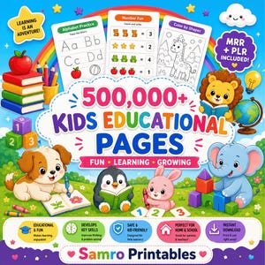 500,000+ kids educational printable pages featuring alphabet practice, number activities, color by shapes, learning worksheets, MRR and PLR resources, with fun educational activities for preschool, homeschool and early learners.