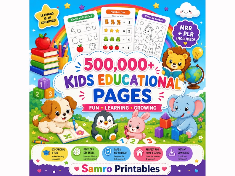 500,000+ kids educational printable pages featuring alphabet practice, number activities, color by shapes, learning worksheets, MRR and PLR resources, with fun educational activities for preschool, homeschool and early learners.