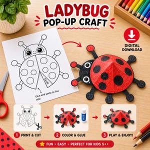 Coccinelle 3D en papier à fabriquer soi-même, activité pop-up pour enfants, coloriage, découpage et collage à imprimer (téléchargement numérique)