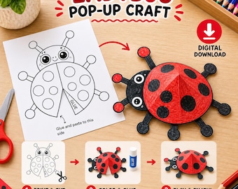 3D lieveheersbeestje van papier, doe-het-zelf pop-up activiteit voor kinderen, printbaar kleur-, knip- en plakwerk (digitale download)