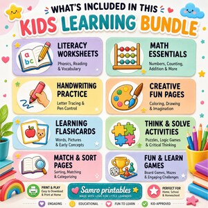 Kids learning printable bundle featuring literacy worksheets, math activities, handwriting practice, creative coloring pages, learning flashcards, matching and sorting activities, puzzles, logic games and educational printables.