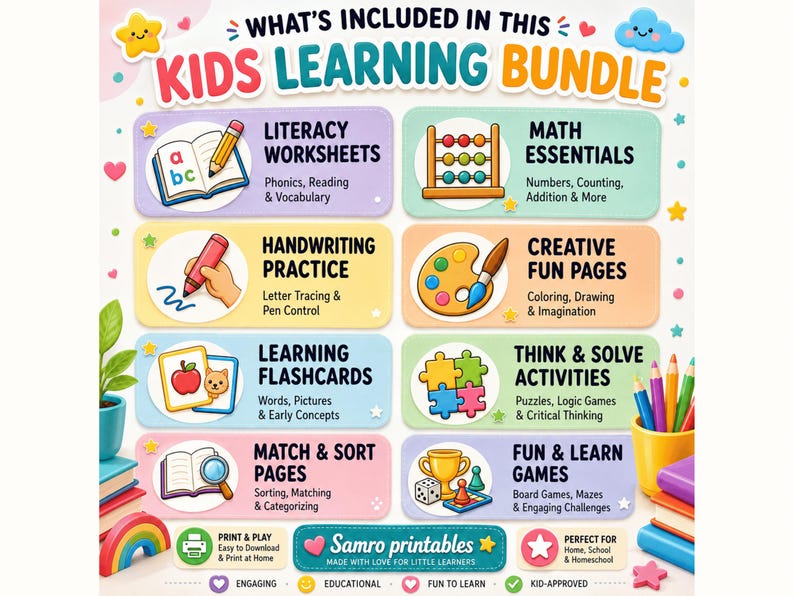 Kids learning printable bundle featuring literacy worksheets, math activities, handwriting practice, creative coloring pages, learning flashcards, matching and sorting activities, puzzles, logic games and educational printables.