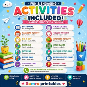 Kids printable activities bundle featuring busy books, chore charts, calendar activities, colors, dot-to-dot, emotions, matching, maze games, patterns, puzzles, cutting practice, reward charts and responsibility activities.